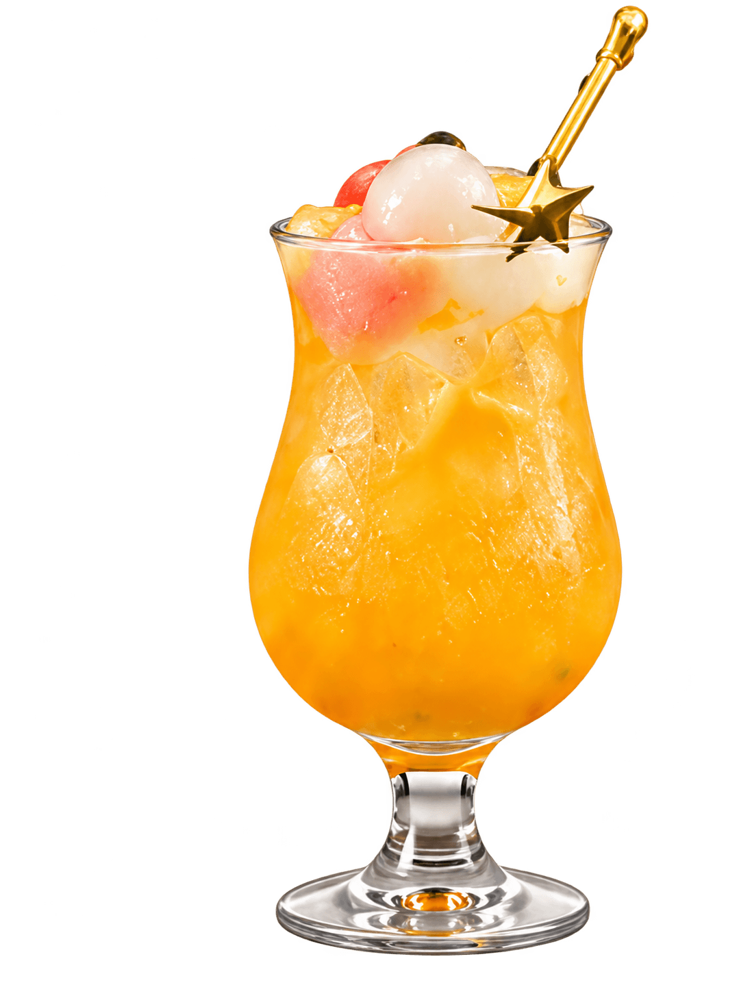 Island Lychee Fizz with lychee garnish and a gold star stirrer.