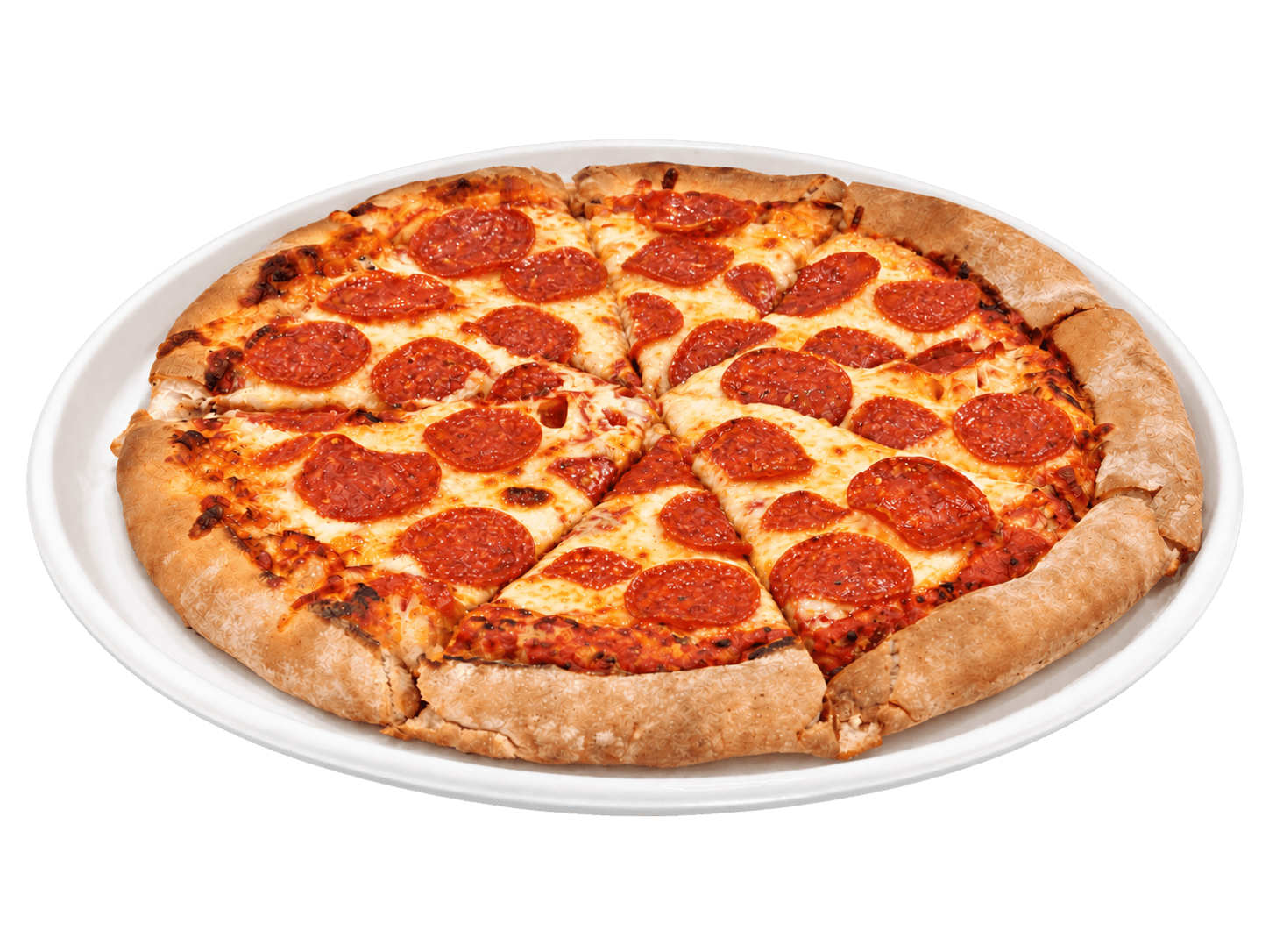 Pepperoni pizza on a white plate.