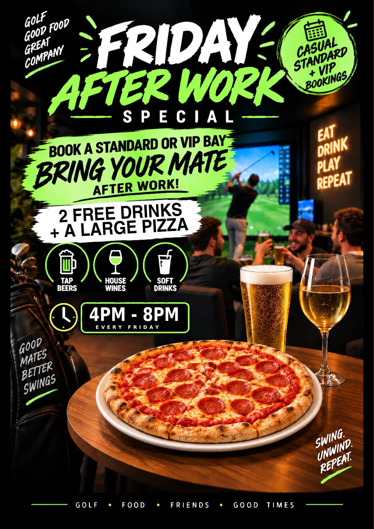 Friday After Work Special at The Tee Bay: 2 free drinks and a large pizza, 4pm to 8pm every Friday